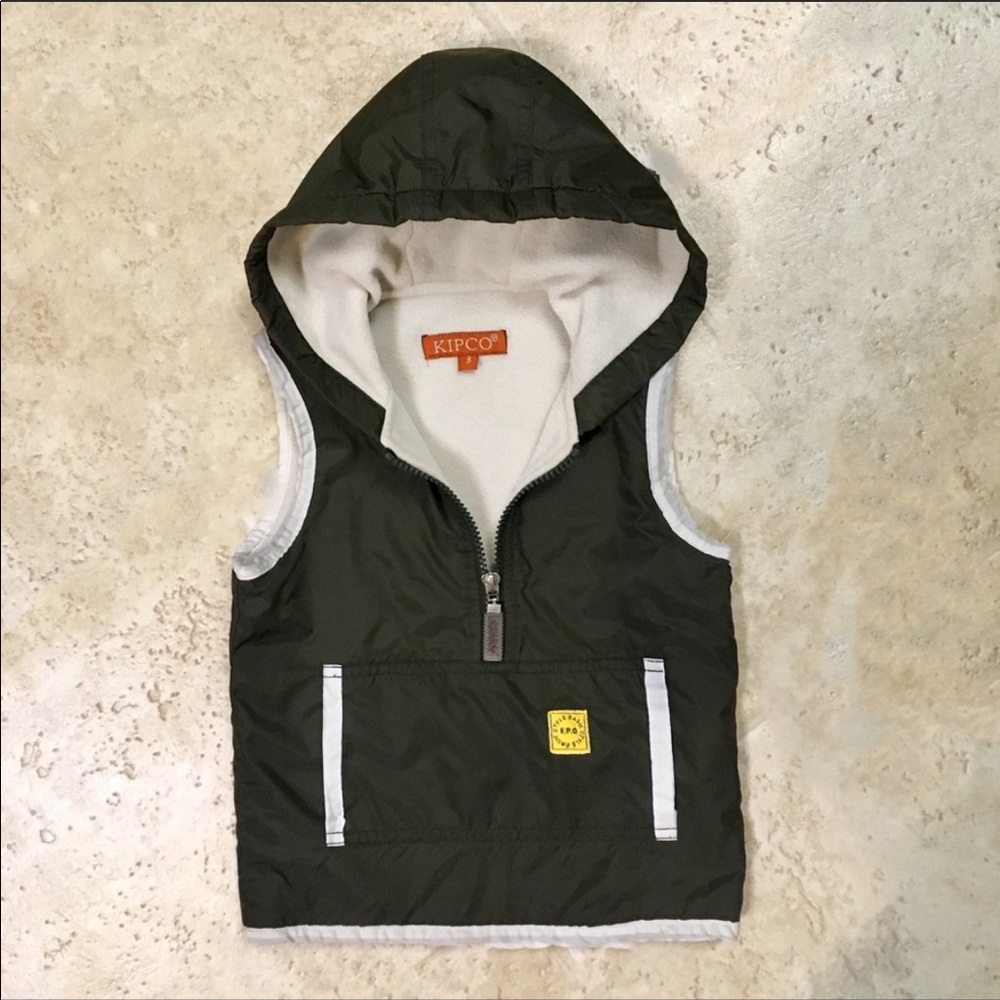 KIPCO Green & Cream Fleece Puffer Vest w/ Hood